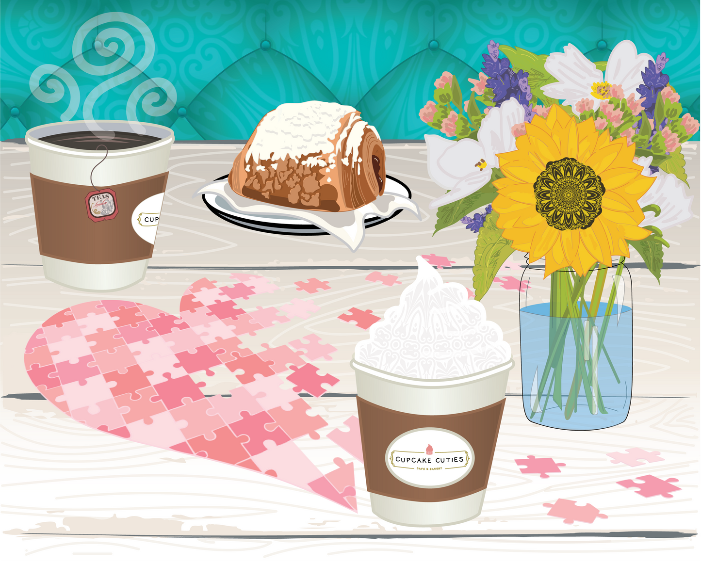 Coffee with whipped cream, steaming tea and a chocolate filled pastry covered in white frosting are sitting on a white wooden table along with a jar of flowers and a heart shaped puzzle.